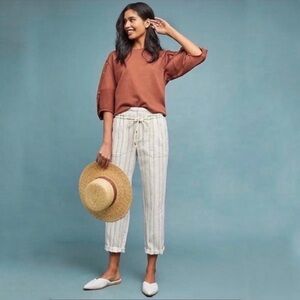 By Anthropologie Seashore Striped White & Blue Linen Pants